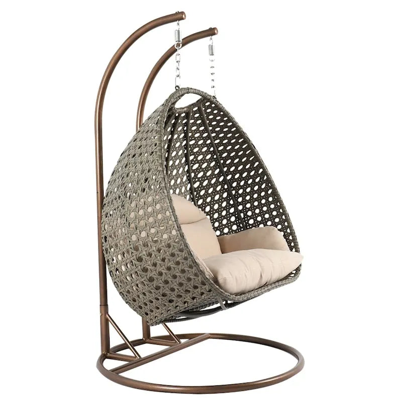 Sedia sospesa a dondolo a forma di uovo con supporto in metallo, struttura in vimini e cuscino – Beige / Blu antracite / Bianco / Blu / Bianco antico / Marrone / Tela, 2 posti