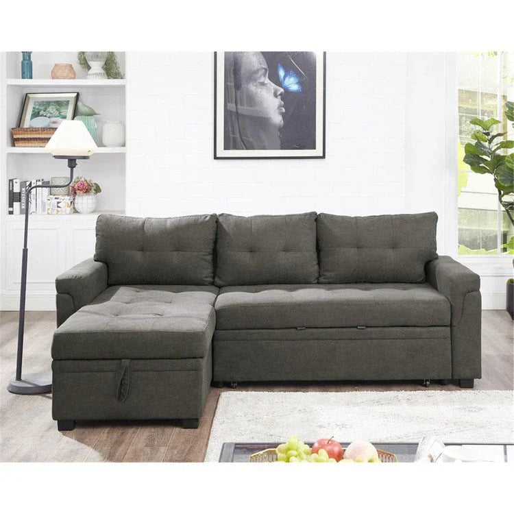 Canapé d'angle réversible convertible avec lit gigogne, méridienne de rangement et pieds durables