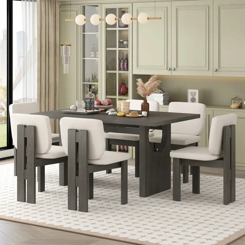 Set da pranzo 7 pezzi, set da cucina in legno massello con tavolo rettangolare, base a cavalletto di design e 6 sedie imbottite