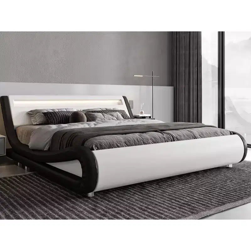 Allewie LED Platform Bed Frame with Adjustable Headboard/No Box Spring Need/Easy Assembly/Faux Leather in White and Black
