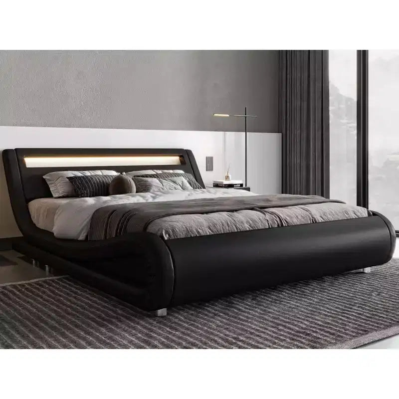Allewie, struttura letto a piattaforma con luci LED, testiera regolabile, non necessita di rete a molle, facile da montaggio, similpelle bianca e nera