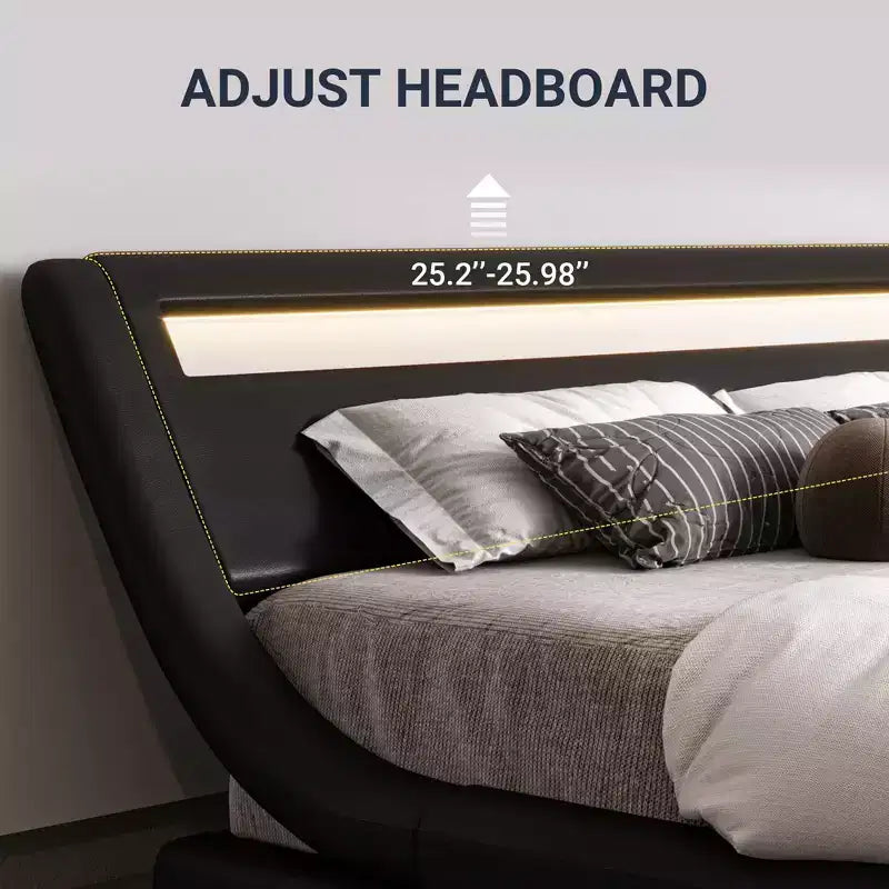 Allewie, struttura letto a piattaforma con luci LED, testiera regolabile, non necessita di rete a molle, facile da montaggio, similpelle bianca e nera