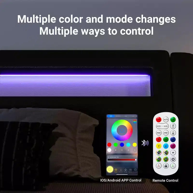 Allewie, struttura letto a piattaforma con luci LED, testiera regolabile, non necessita di rete a molle, facile da montaggio, similpelle bianca e nera
