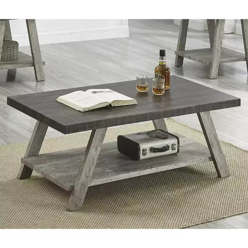 Tavolino da caffè Roundhill Furniture Athens contemporaneo a due tonalità con ripiano in legno, finitura noce invecchiato e grigio