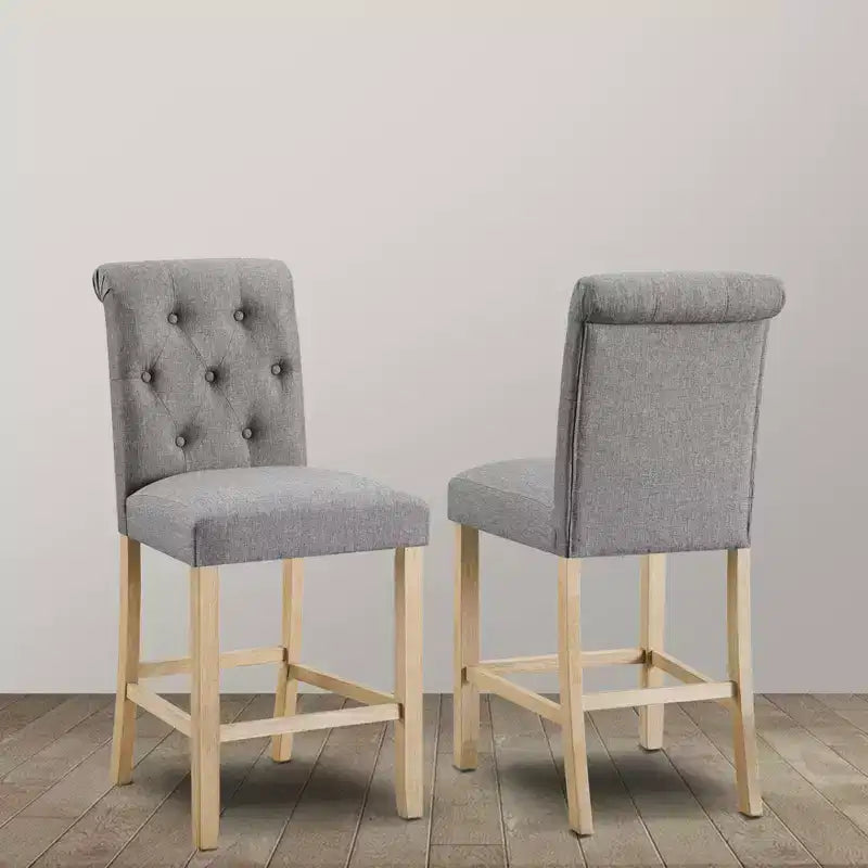 Roundhill Furniture Siena Counter Height Button Tufted Back Solid Wood Stools, Gray, Set of 2
