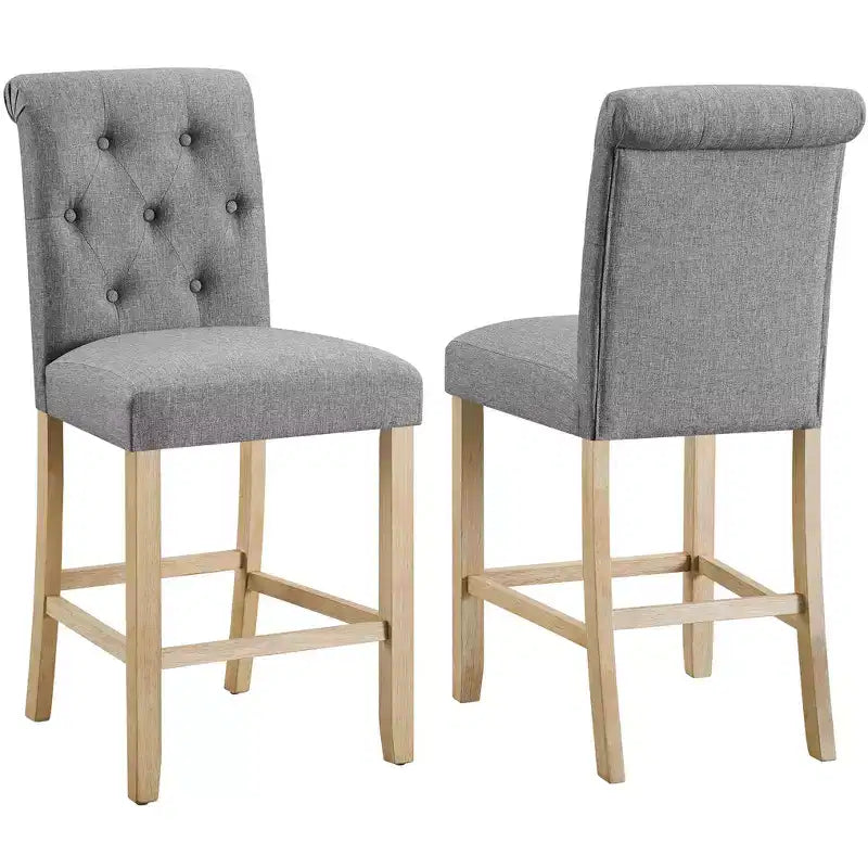 Roundhill Furniture Siena Sgabelli in Legno Massello con Schienale Trapuntato a Bottone, Altezza Bancone, Grigio, Set da 2