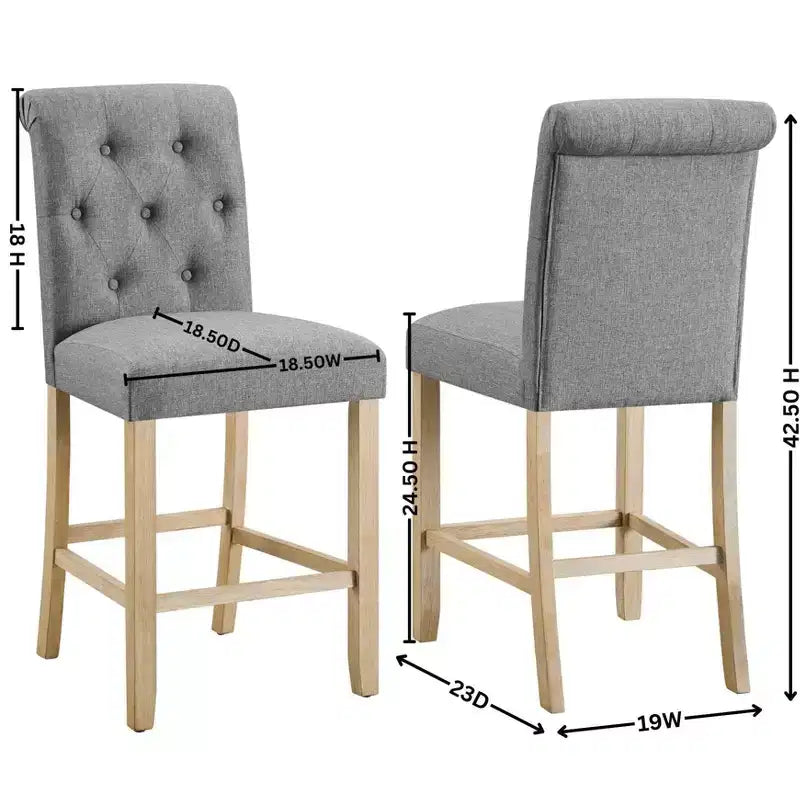 Roundhill Furniture Siena Sgabelli in Legno Massello con Schienale Trapuntato a Bottone, Altezza Bancone, Grigio, Set da 2