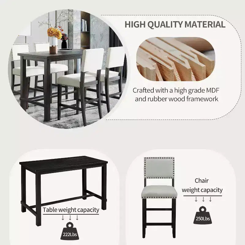 Set da pranzo Whisen 5 pezzi altezza bancone con tavolo elegante classico e 4 sedie
