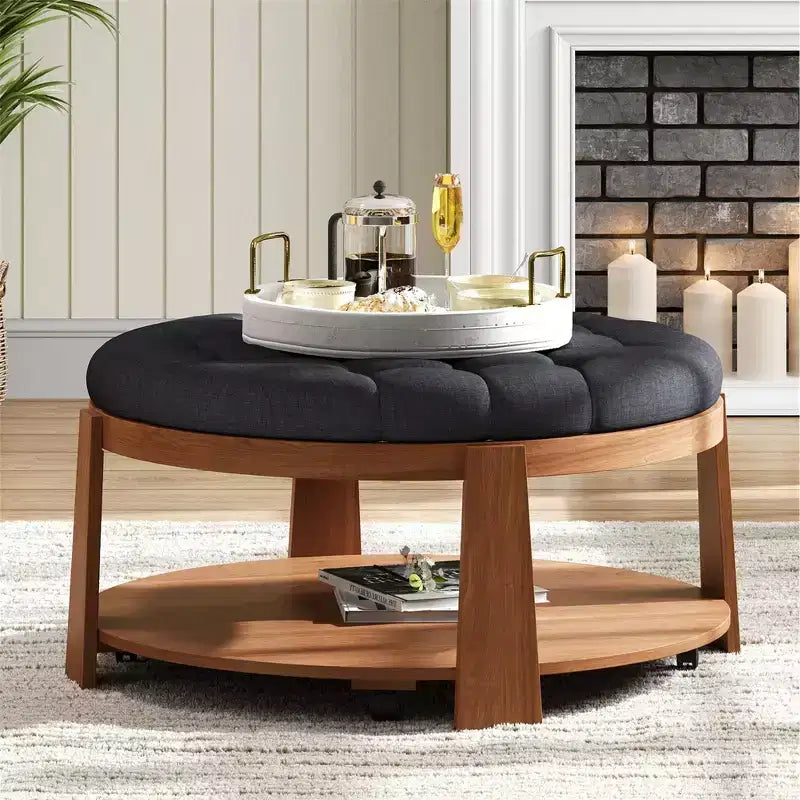 36W Upholstered Coffee Table Cocktail Table Center Table 2-Tier Ottoman Footrest with Storage Shelf and Wheels, Button Tufted and Waterproof-ModernLu