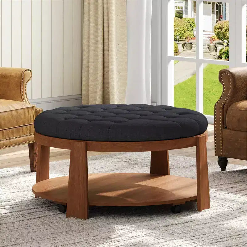 Tavolino da Salotto Imbottito 36W Tavolino Cocktail Tavolino da Centro Pouf Poggiapiedi a 2 Livelli con Ripiano Portaoggetti e Ruote, Trapuntato e Impermeabile - ModernLu