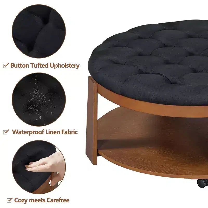 Tavolino da Salotto Imbottito 36W Tavolino Cocktail Tavolino da Centro Pouf Poggiapiedi a 2 Livelli con Ripiano Portaoggetti e Ruote, Trapuntato e Impermeabile - ModernLu