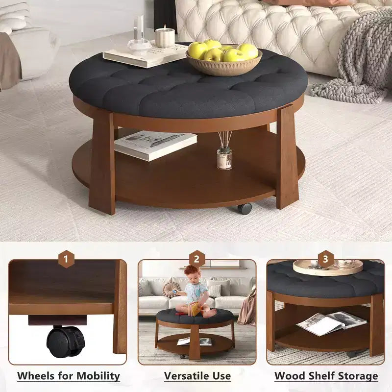 Tavolino da Salotto Imbottito 36W Tavolino Cocktail Tavolino da Centro Pouf Poggiapiedi a 2 Livelli con Ripiano Portaoggetti e Ruote, Trapuntato e Impermeabile - ModernLu