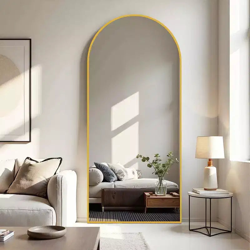 PexFix 31 pollici L x 71 pollici H Specchio intero a forma di arco, da pavimento, con cornice in metallo, grande specchio da terra, color oro