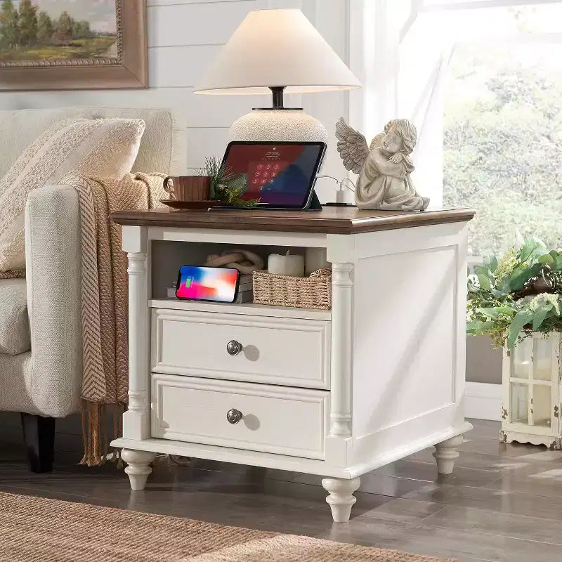 24 Farmhouse Nightstand wtih Charging Station, Square End Table Side Table with 4 Solid Wood Feet & 2 Drawers for Living Room, Bedroom