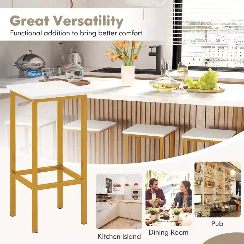 Costway Set 4 Sgabelli da Bar 26" con Telaio in Metallo Poggiapiedi e Senza Schienale Marrone