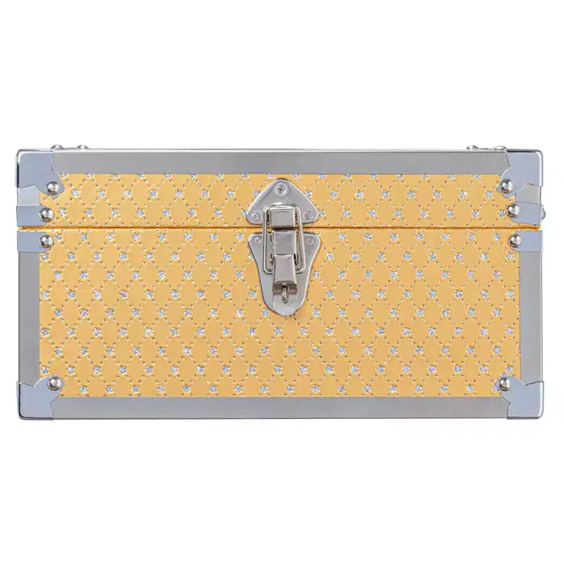 Baule portaoggetti decorativo piccolo in legno con inserti in metallo, oro e argento