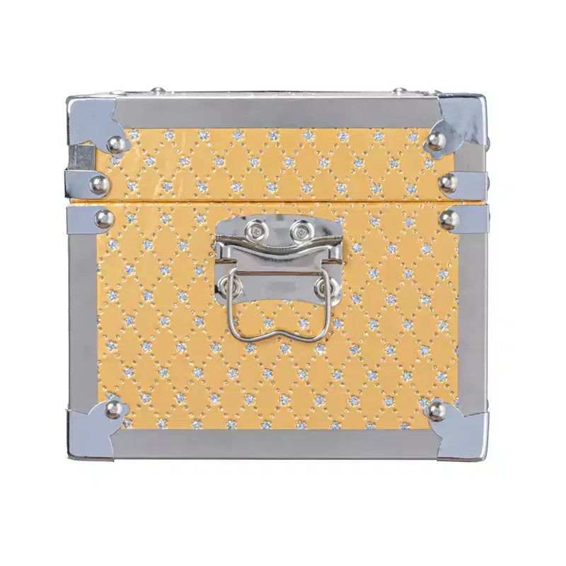 Baule portaoggetti decorativo piccolo in legno con inserti in metallo, oro e argento