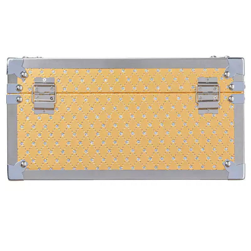 Baule portaoggetti decorativo piccolo in legno con inserti in metallo, oro e argento