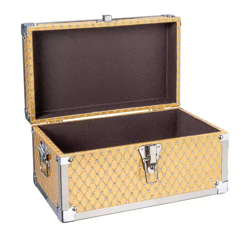 Baule portaoggetti decorativo piccolo in legno con inserti in metallo, oro e argento