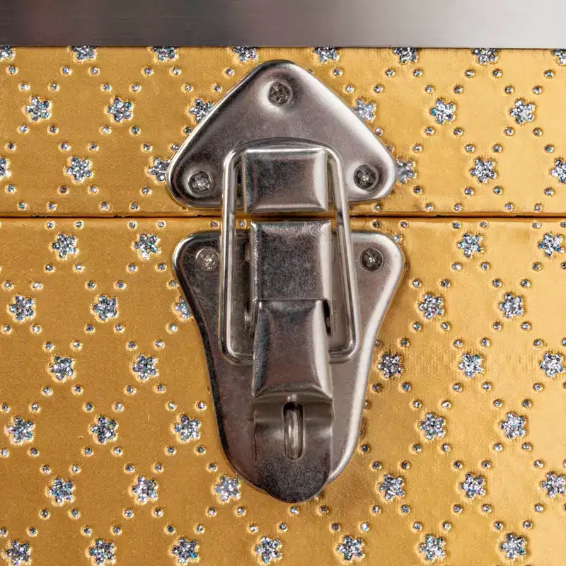 Baule portaoggetti decorativo piccolo in legno con inserti in metallo, oro e argento