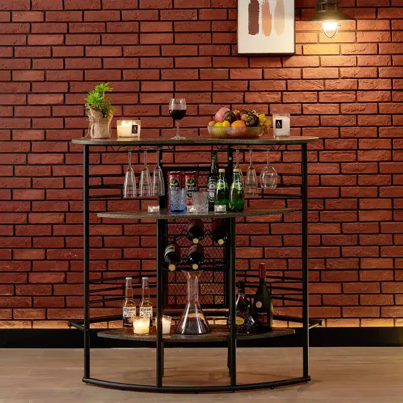Tavolo da bar industriale ovale VECELO, tavolo da bar a 3 livelli con portabottiglie e portabicchieri, mobile angolare da bar con poggiapiedi, marrone/grigio/rovere