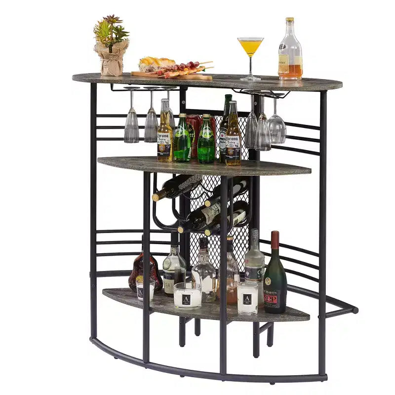 Tavolo da bar industriale ovale VECELO, tavolo da bar a 3 livelli con portabottiglie e portabicchieri, mobile angolare da bar con poggiapiedi, marrone/grigio/rovere