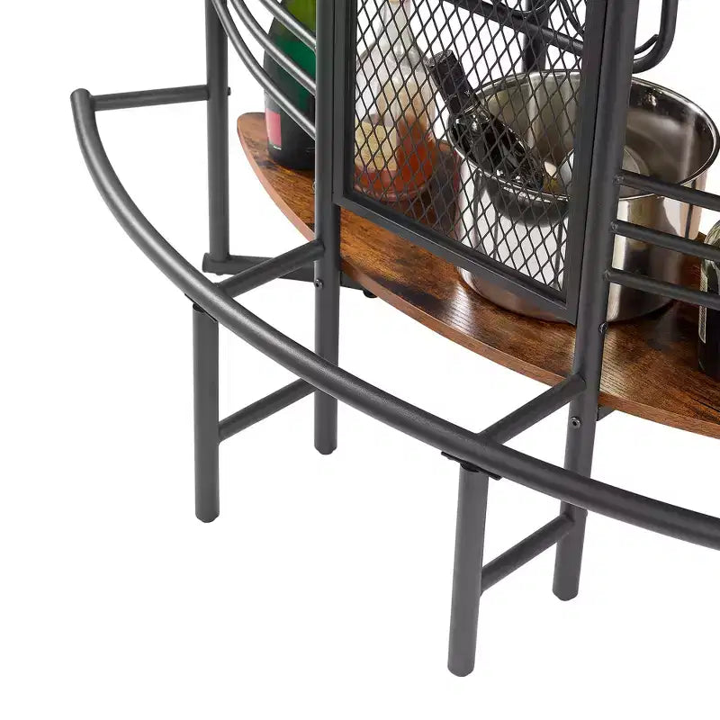 Tavolo da bar industriale ovale VECELO, tavolo da bar a 3 livelli con portabottiglie e portabicchieri, mobile angolare da bar con poggiapiedi, marrone/grigio/rovere