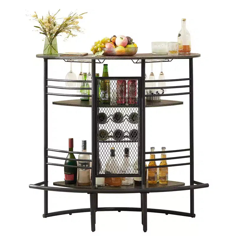 VECELO Oval Industrial Bar Table 3 Tier Bar Height Table with Wine Rack and Glasses Holder Corner Bar Cabinet with Footrest Brown/Gray/Oak