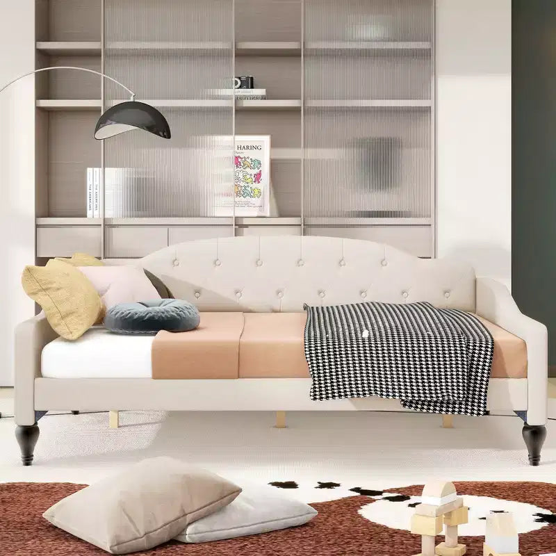 Divano letto imbottito a grandezza naturale, divano letto a giorno capitonné con/senza cassetti/letto estraibile singolo, Beige -ModernLuxe
