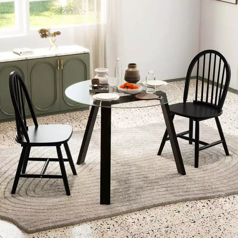 Costway Set da Pranzo 3 Pezzi per 2 Persone Tavolo Rotondo con 2 Sedie Struttura in Legno Massello di Gomma Moderno Nero/Beige