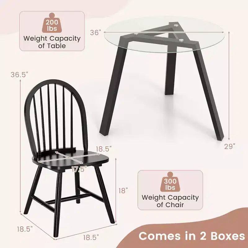 Costway Set da Pranzo 3 Pezzi per 2 Persone Tavolo Rotondo con 2 Sedie Struttura in Legno Massello di Gomma Moderno Nero/Beige