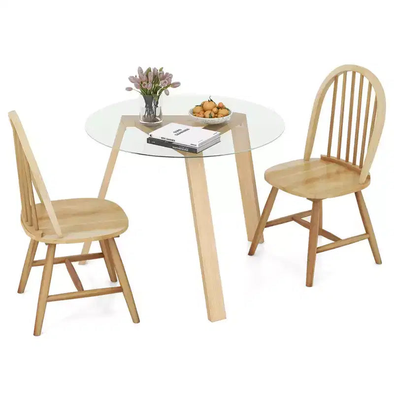 Costway 3 PCS Dining Set for 2 Round Table with 2 Chairs Solid Rubber Wood Frame Modern Black/Beige