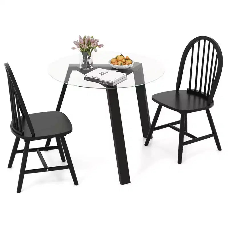 Costway Set da Pranzo 3 Pezzi per 2 Persone Tavolo Rotondo con 2 Sedie Struttura in Legno Massello di Gomma Moderno Nero/Beige