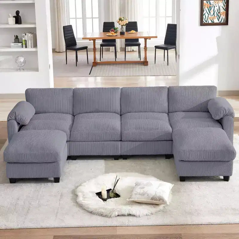 Divano componibile in velluto a coste HYLEORY con doppio pouf mobile, divano comodo rivestito a forma di U con cuscino a due strati per soggiorno
