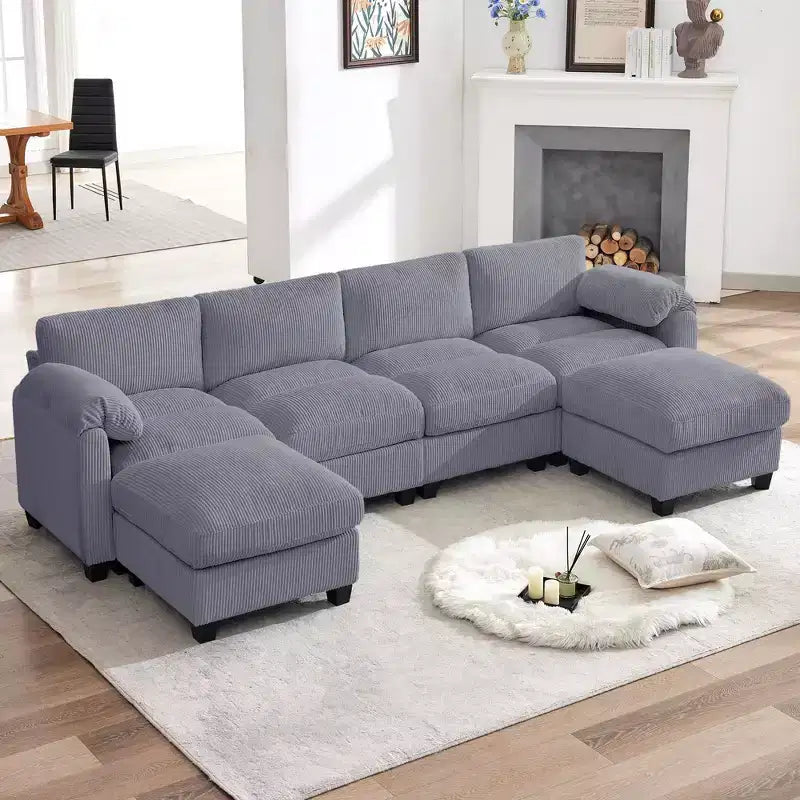 Divano componibile in velluto a coste HYLEORY con doppio pouf mobile, divano comodo rivestito a forma di U con cuscino a due strati per soggiorno