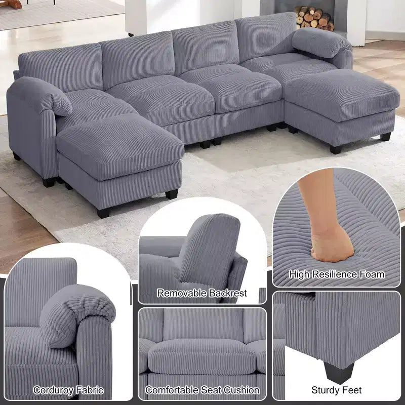 Divano componibile in velluto a coste HYLEORY con doppio pouf mobile, divano comodo rivestito a forma di U con cuscino a due strati per soggiorno