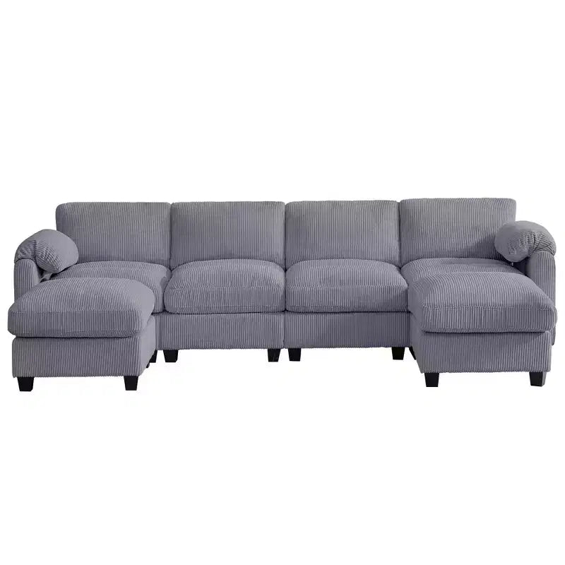 Divano componibile in velluto a coste HYLEORY con doppio pouf mobile, divano comodo rivestito a forma di U con cuscino a due strati per soggiorno