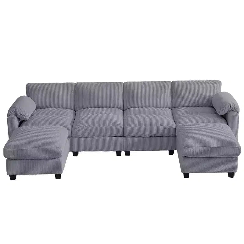 Divano componibile in velluto a coste HYLEORY con doppio pouf mobile, divano comodo rivestito a forma di U con cuscino a due strati per soggiorno