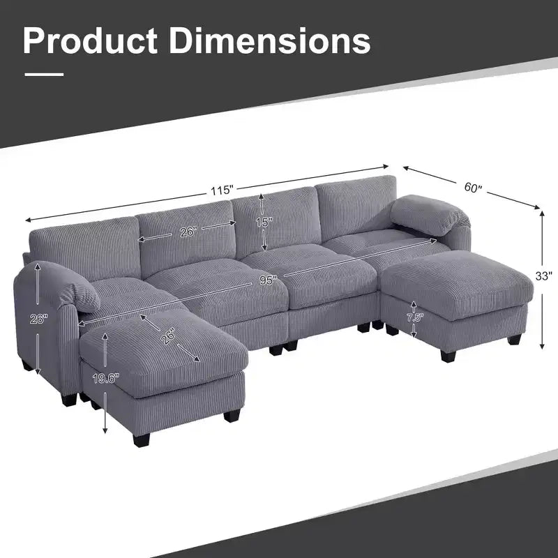 Divano componibile in velluto a coste HYLEORY con doppio pouf mobile, divano comodo rivestito a forma di U con cuscino a due strati per soggiorno