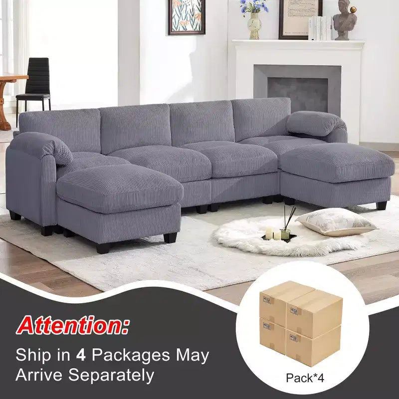 Divano componibile in velluto a coste HYLEORY con doppio pouf mobile, divano comodo rivestito a forma di U con cuscino a due strati per soggiorno
