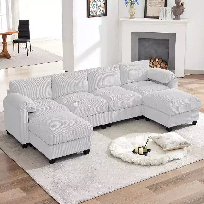 Divano componibile in velluto a coste HYLEORY con doppio pouf mobile, divano comodo rivestito a forma di U con cuscino a due strati per soggiorno