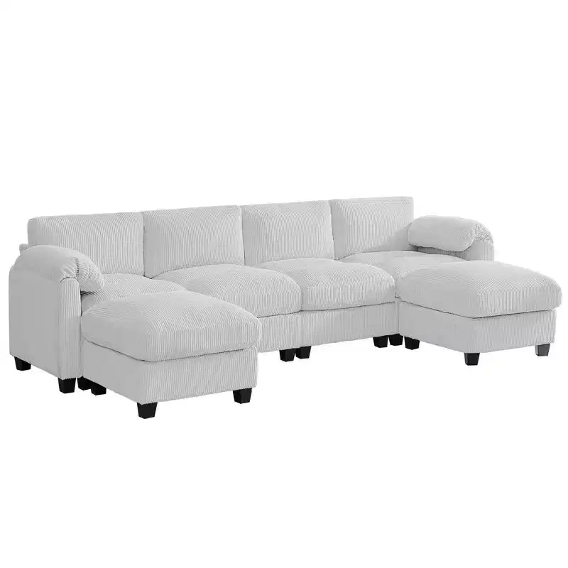 Divano componibile in velluto a coste HYLEORY con doppio pouf mobile, divano comodo rivestito a forma di U con cuscino a due strati per soggiorno