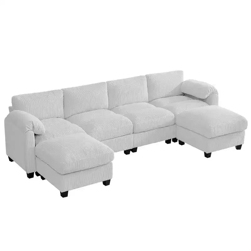 Divano componibile in velluto a coste HYLEORY con doppio pouf mobile, divano comodo rivestito a forma di U con cuscino a due strati per soggiorno