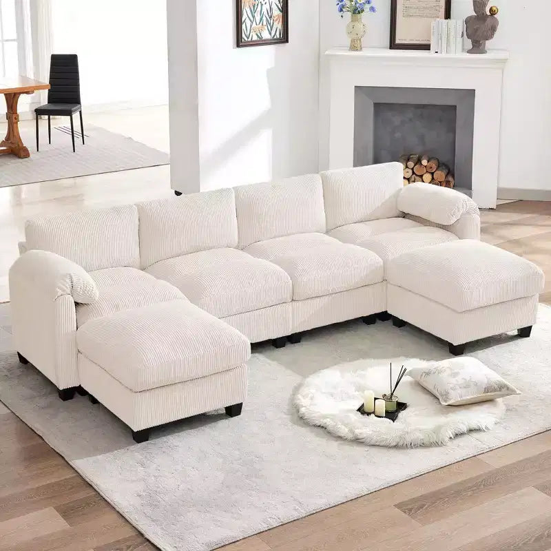 Divano componibile in velluto a coste HYLEORY con doppio pouf mobile, divano comodo rivestito a forma di U con cuscino a due strati per soggiorno