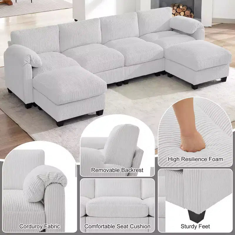 Divano componibile in velluto a coste HYLEORY con doppio pouf mobile, divano comodo rivestito a forma di U con cuscino a due strati per soggiorno