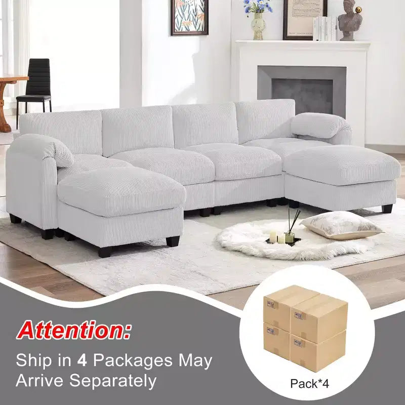 Divano componibile in velluto a coste HYLEORY con doppio pouf mobile, divano comodo rivestito a forma di U con cuscino a due strati per soggiorno