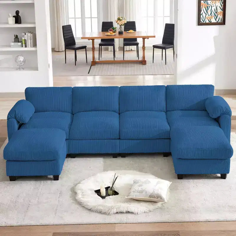 Divano componibile in velluto a coste HYLEORY con doppio pouf mobile, divano comodo rivestito a forma di U con cuscino a due strati per soggiorno