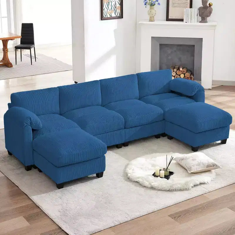 Divano componibile in velluto a coste HYLEORY con doppio pouf mobile, divano comodo rivestito a forma di U con cuscino a due strati per soggiorno