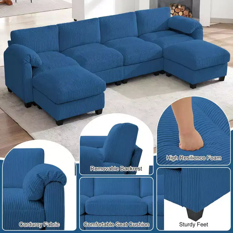 Divano componibile in velluto a coste HYLEORY con doppio pouf mobile, divano comodo rivestito a forma di U con cuscino a due strati per soggiorno
