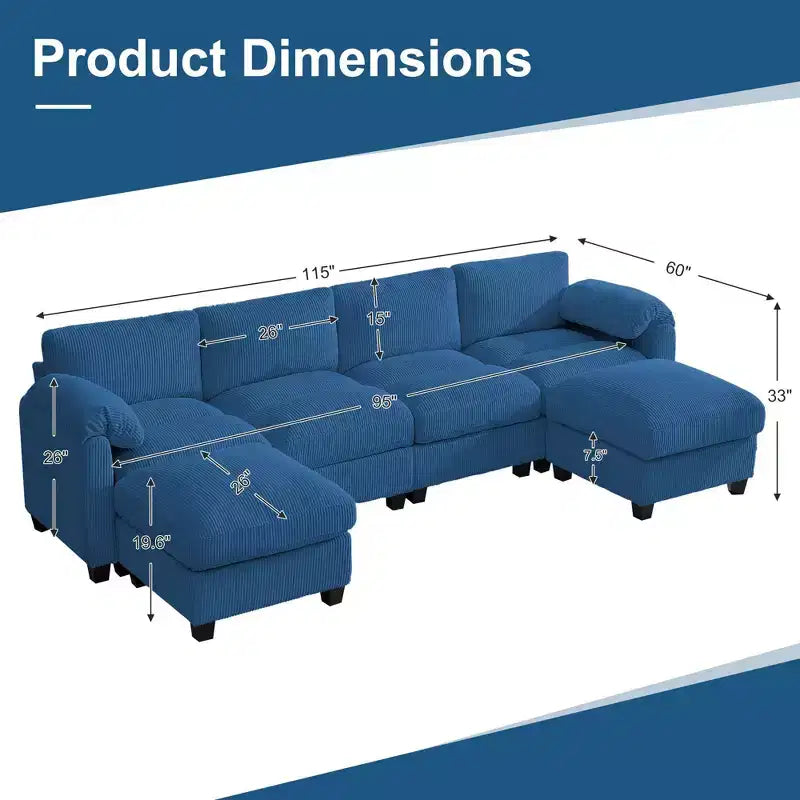 Divano componibile in velluto a coste HYLEORY con doppio pouf mobile, divano comodo rivestito a forma di U con cuscino a due strati per soggiorno